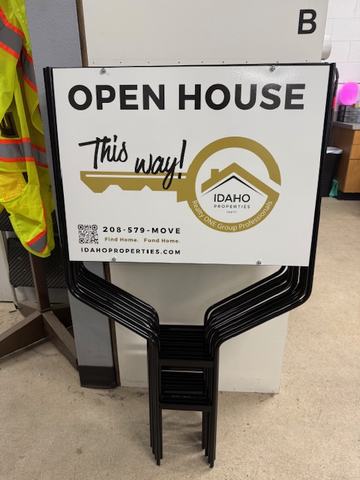 Idaho Properties open house sign on a wire stand