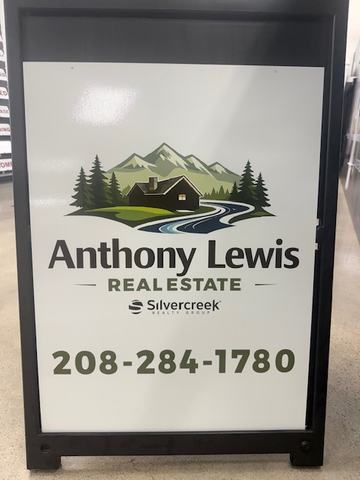 Anthony Lewis Real Estate panel in a black A frame